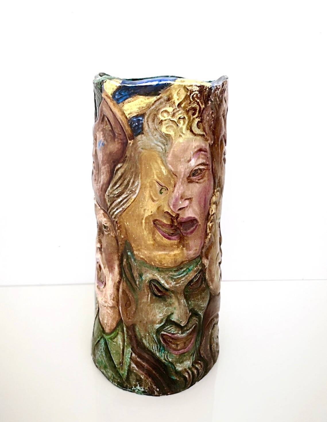 Unique Vintage Hand-Painted Vase with Faces Ascribable to Tullio d'Albisola