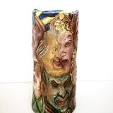 Unique Vintage Hand-Painted Vase with Faces Ascribable to Tullio d'Albisola