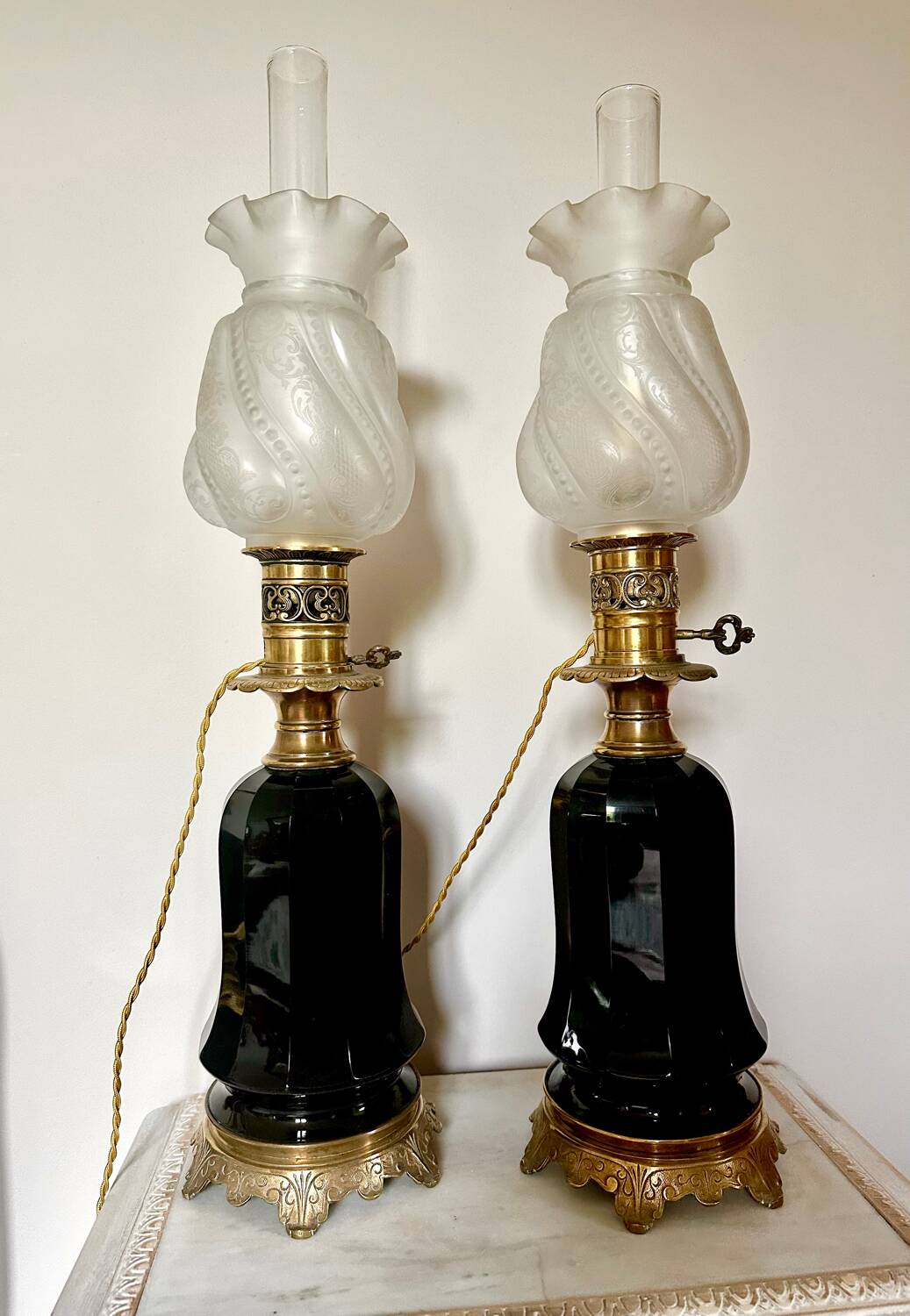 Pair of Napoleon III bronze and glass lamps
