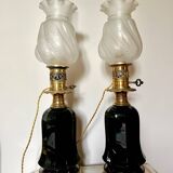 Pair of Napoleon III bronze and glass lamps