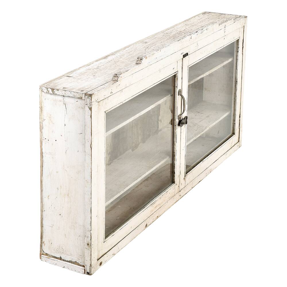 Solid wood wall display case with white patina