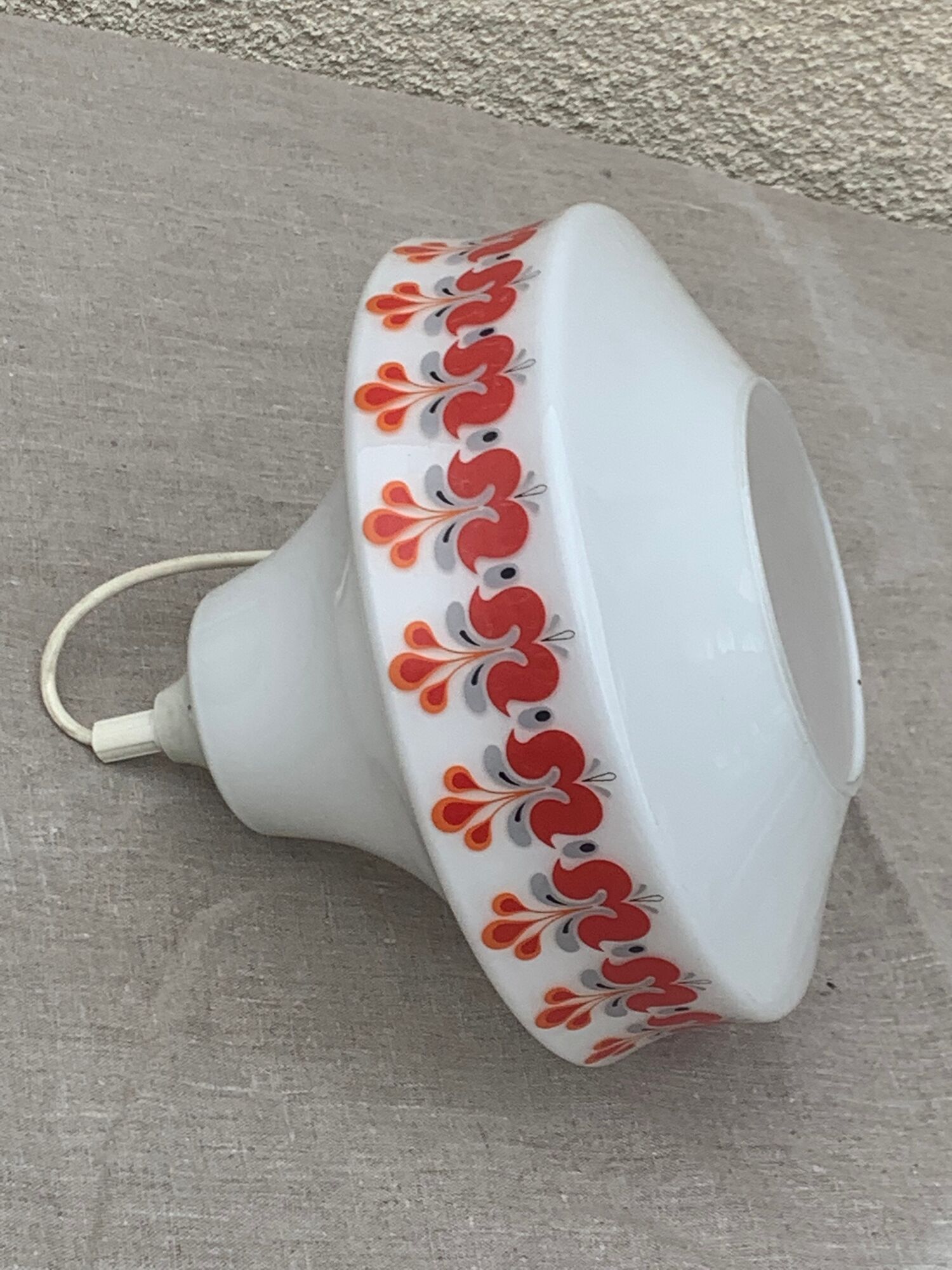 Pendant lamp, white opaline globe with a vintage red design floral pattern 1970