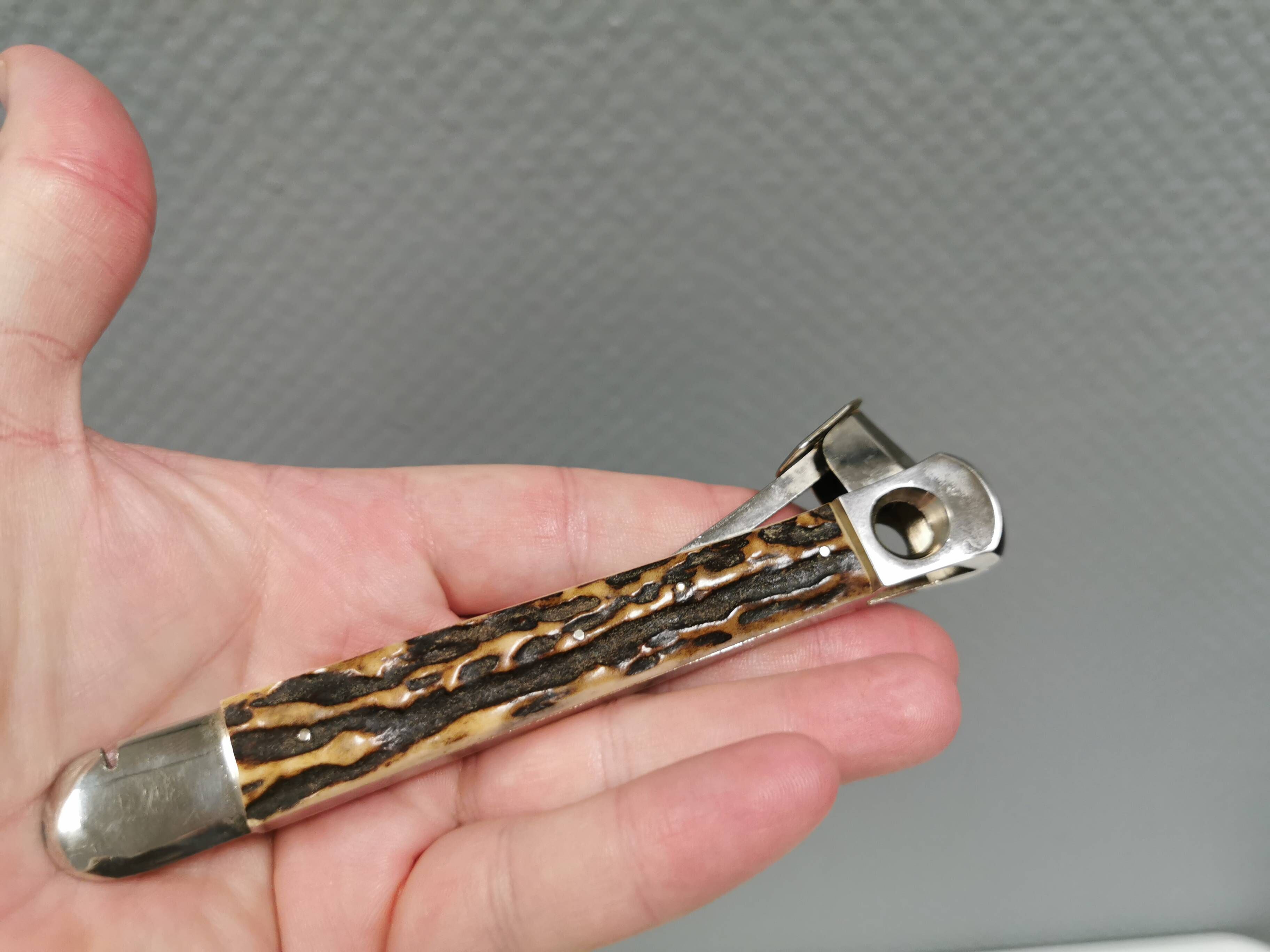 Old cigar cutter of stag horn and stainless steel. Solingen Germany 50-60s
