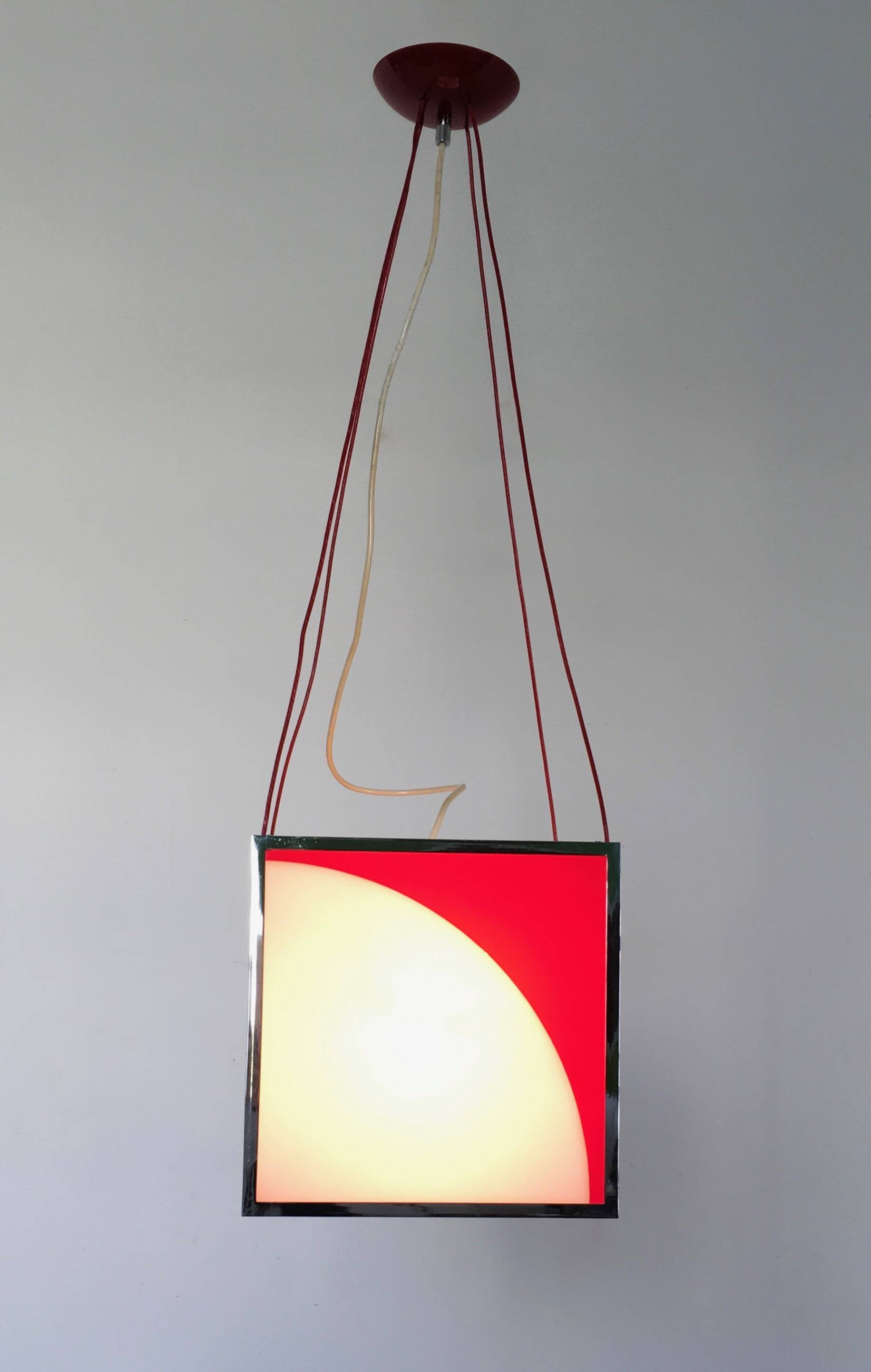 Cubic Red and White Plexiglass and Metal Pendant, Italy