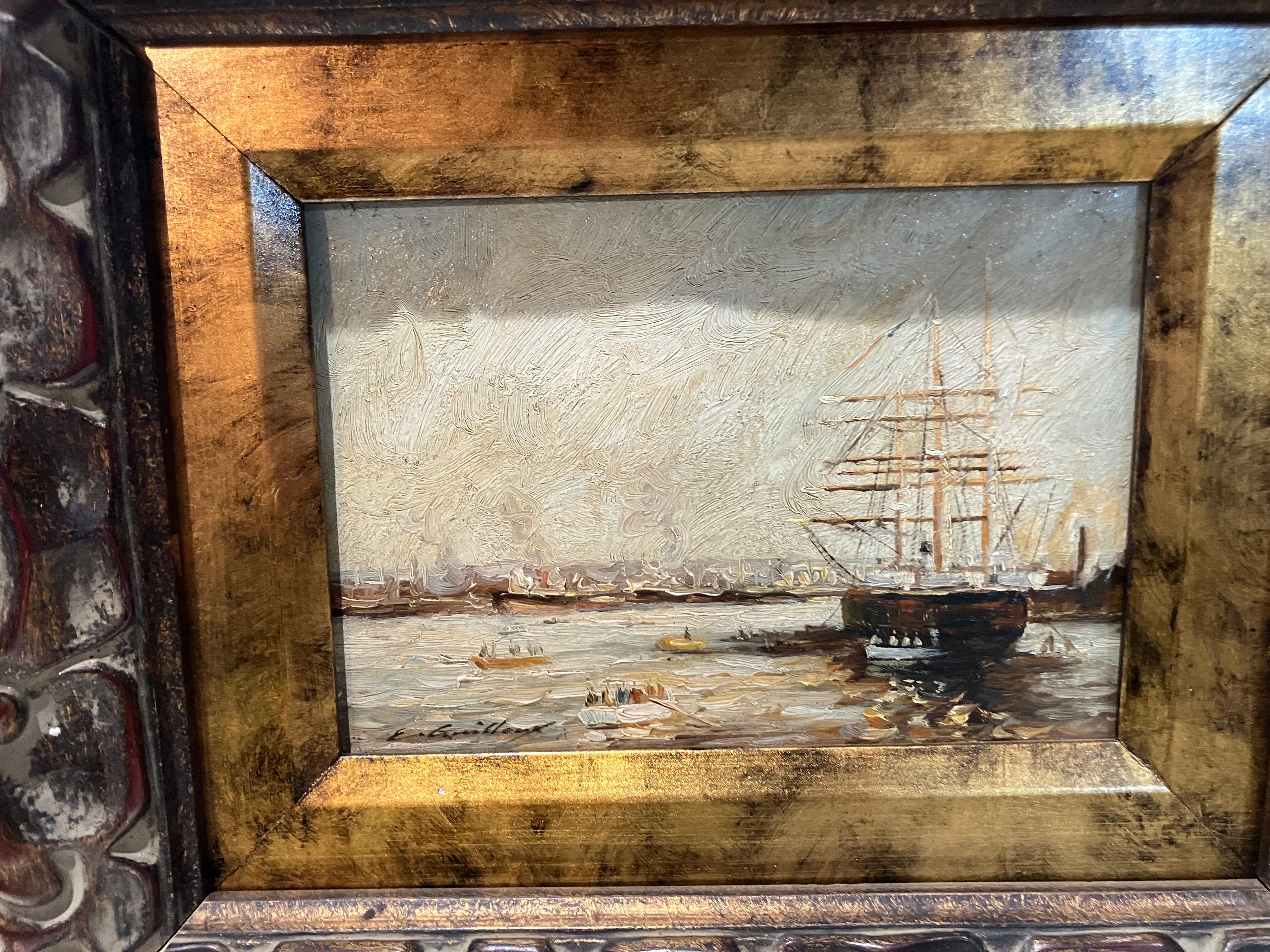 Oil on canvas "bateaux au port" signed e. guilleux