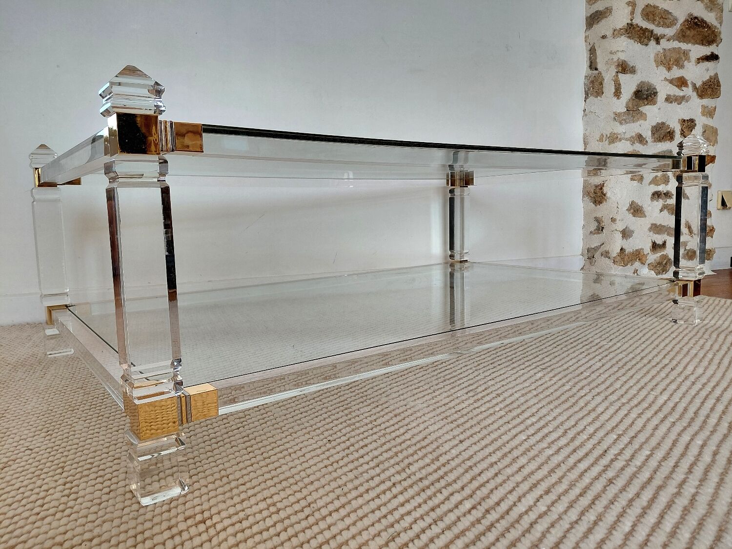 Table XL Laiton massif et Plexiglas-Style Jansen 1970