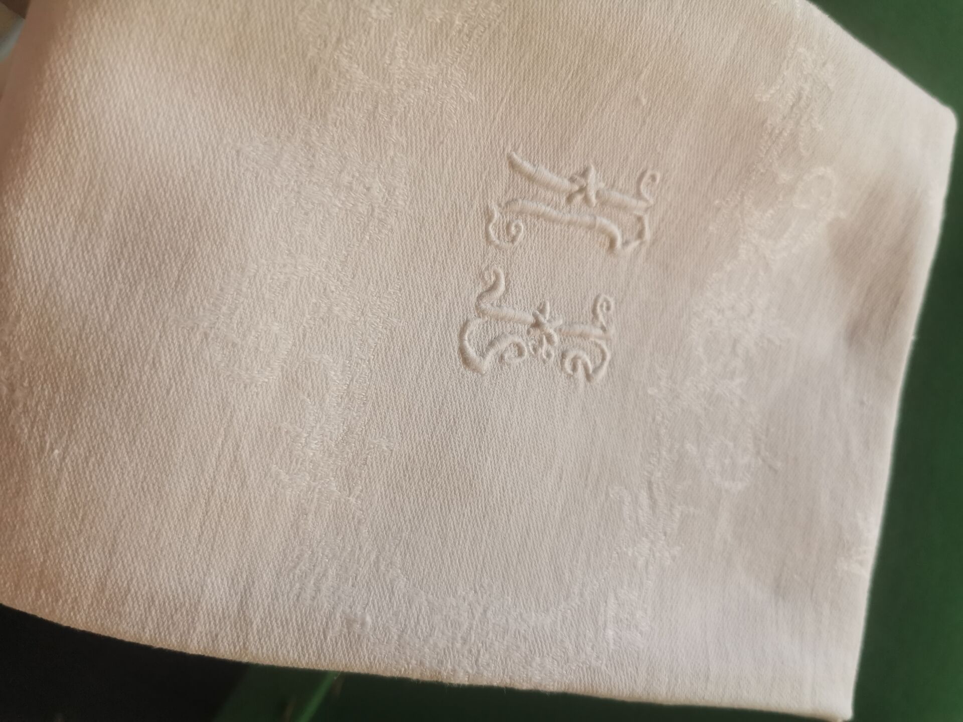12 old damask linen napkins with monogram, 60x74 cm
