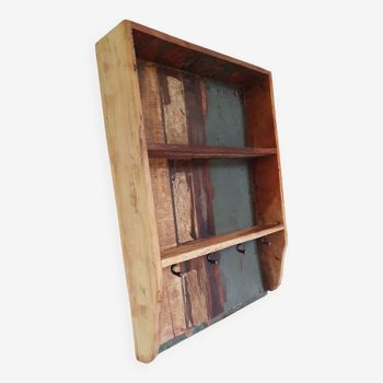 Wall shelf 3 shelves + 4 hooks cast iron in polychrome wood