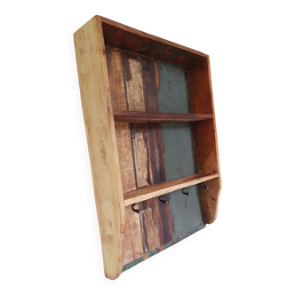 Wall shelf 3 shelves + 4 hooks cast iron in polychrome wood