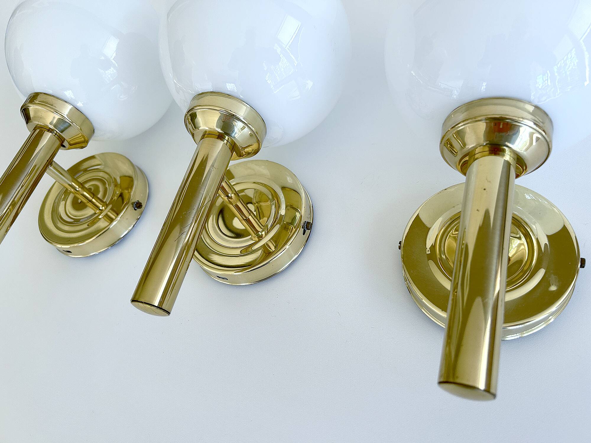 3 Vintage Scandinavian Glass and Brass Wall Lights