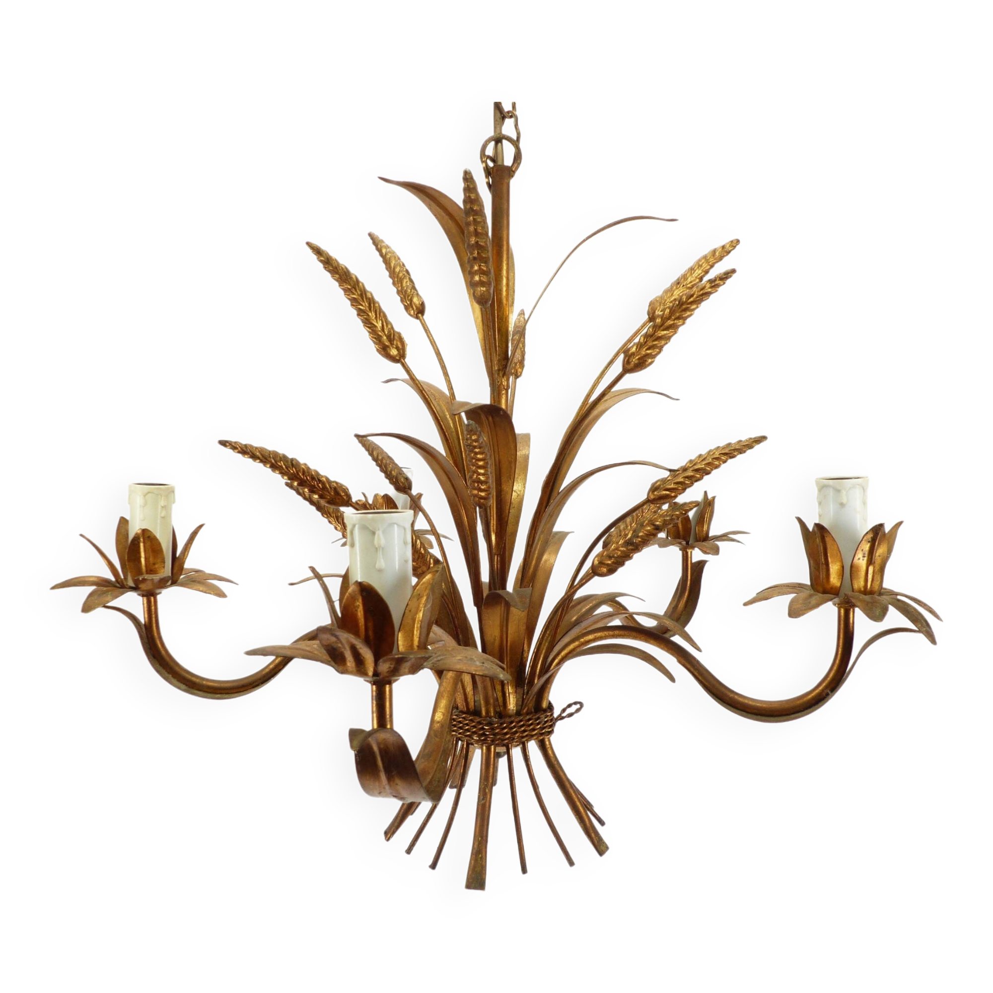 Five-light gilded metal chandelier with wheat ears decoration, 1970