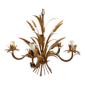 Five-light gilded metal chandelier with wheat ears decoration, 1970