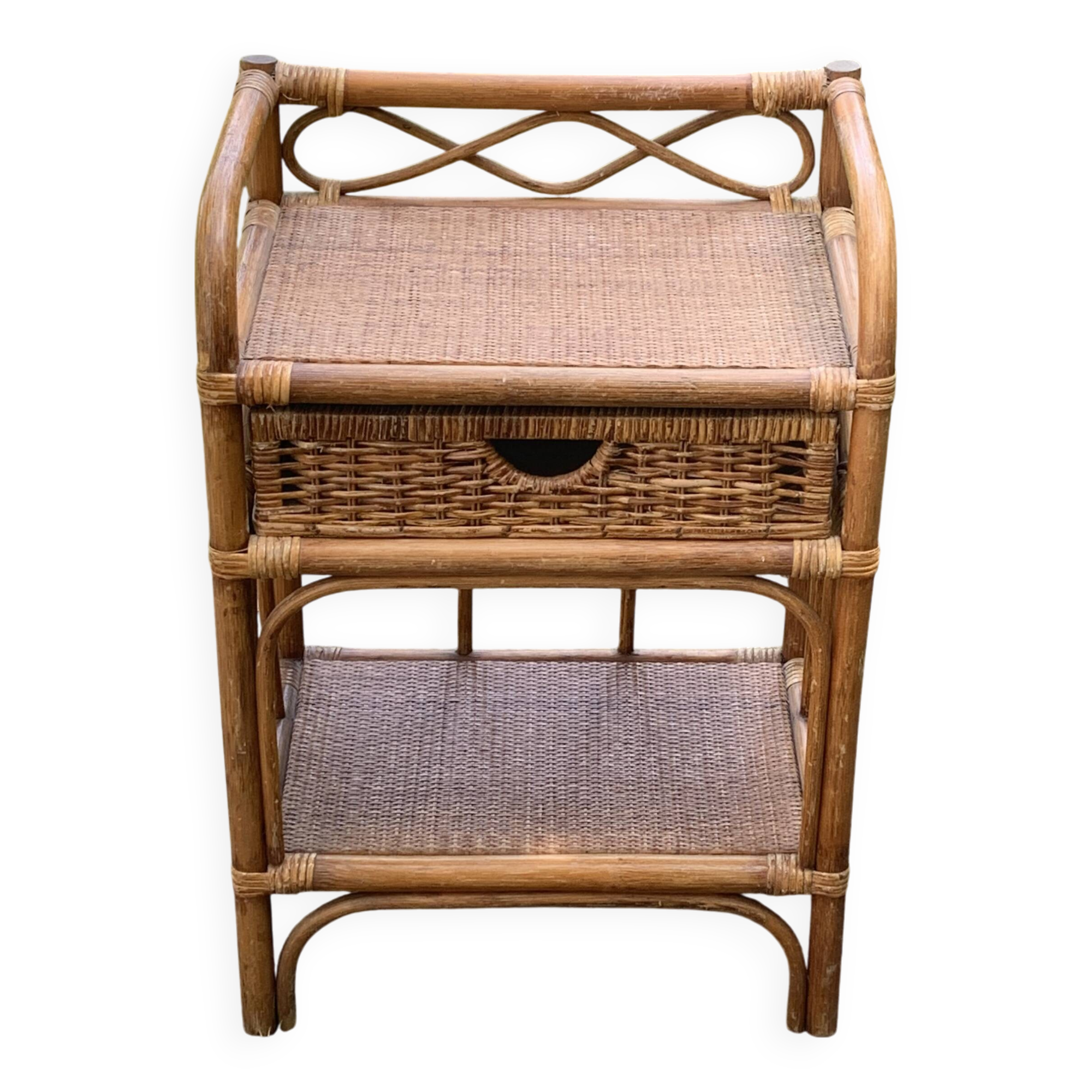 Shelf, side table, bedside table in vintage bamboo and rattan