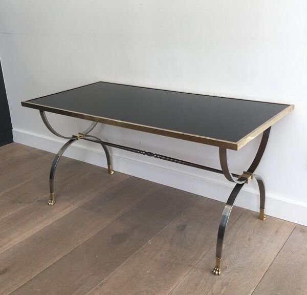 Table basse en acier brossé et laiton. Maison Jansen