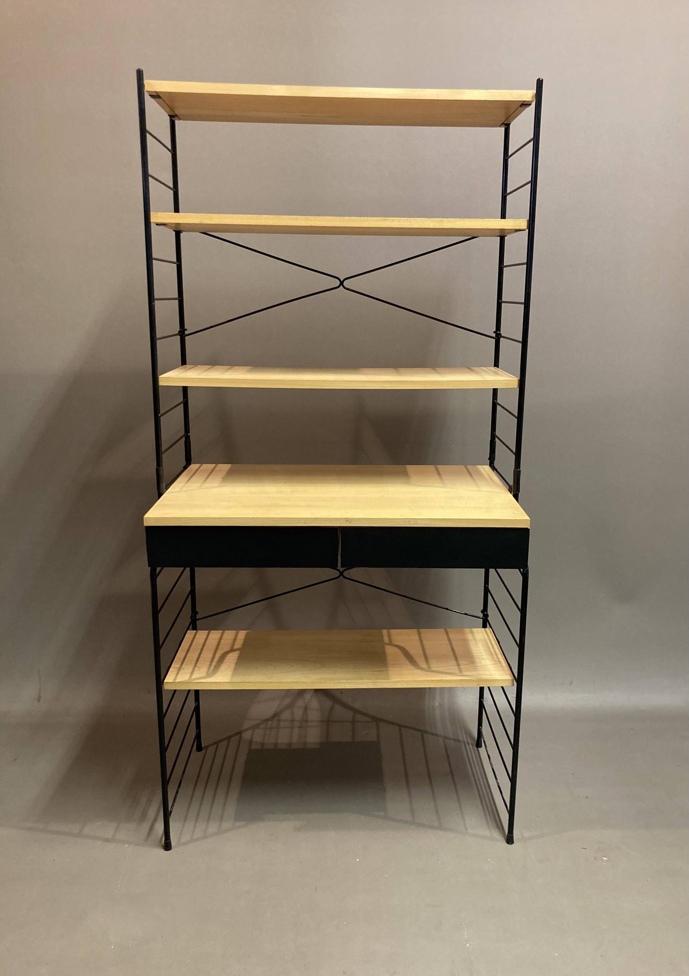Modular bookcase and stool in black metal and beech, 1960