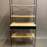 Modular bookcase and stool in black metal and beech, 1960