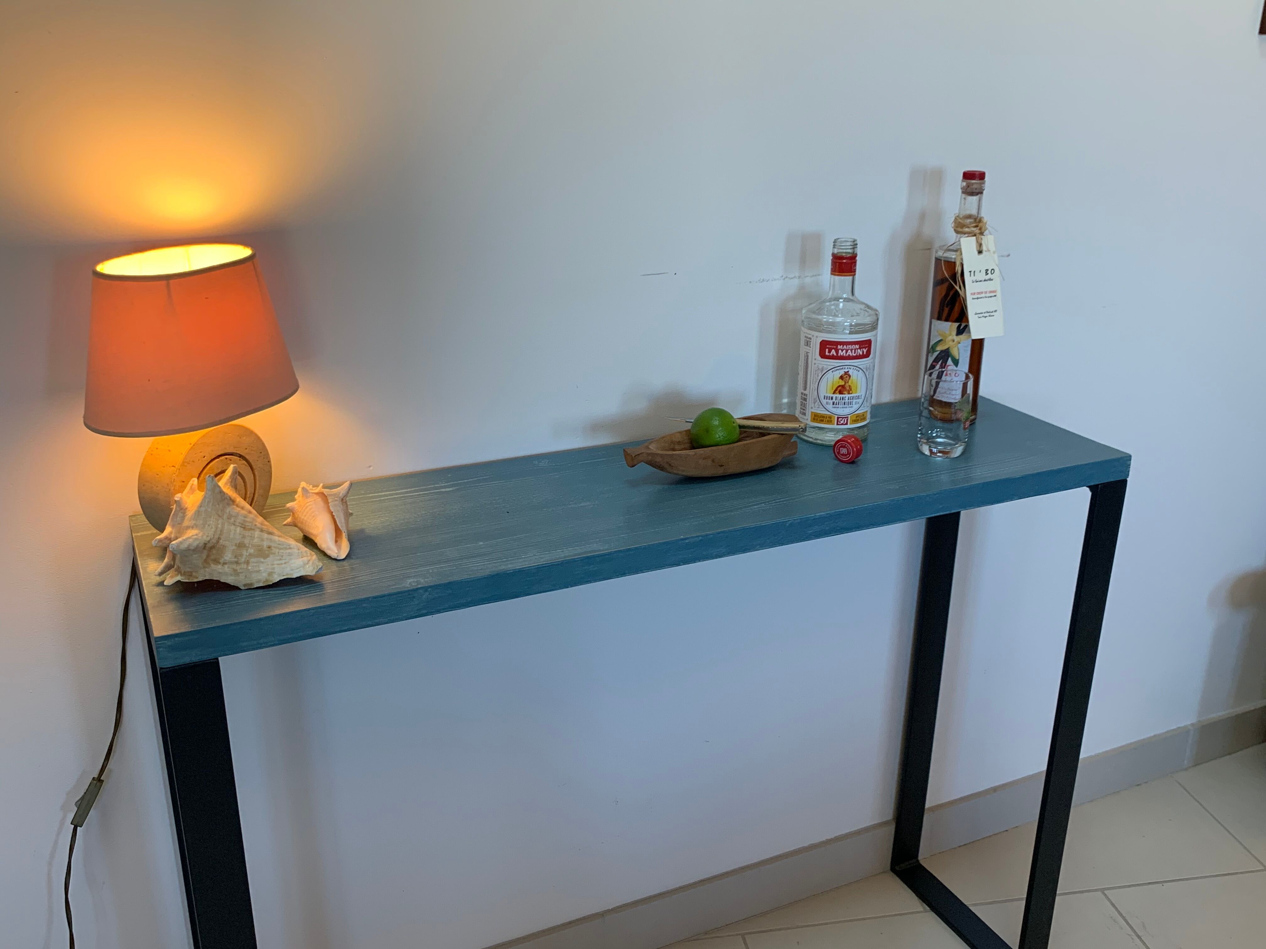 Console tray wood base footing steel