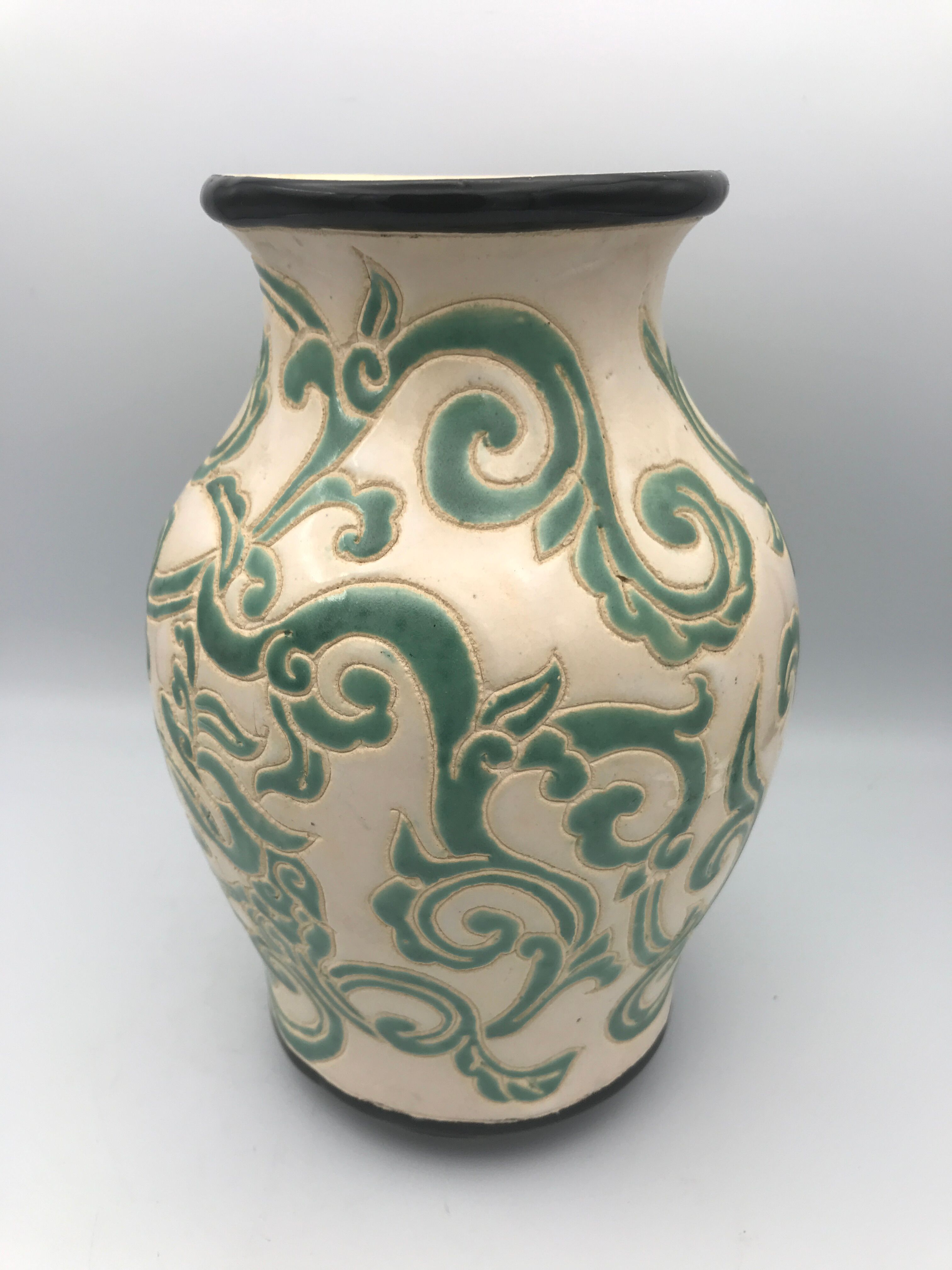 Vintage vase in glazed ceramic with carved decoration of arabesque 22.5 cm