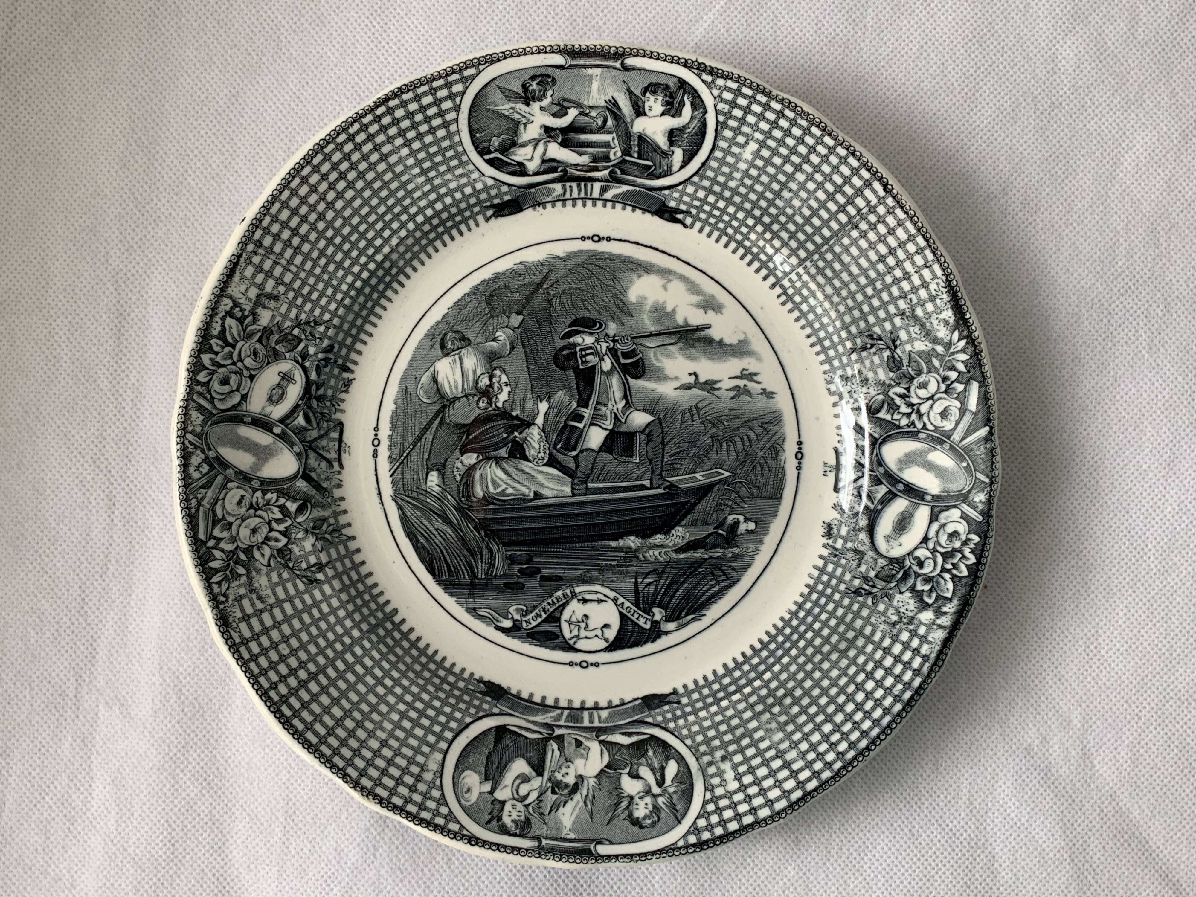 6 black dessert plates Old and Johnston Bordeaux 19th century astrology