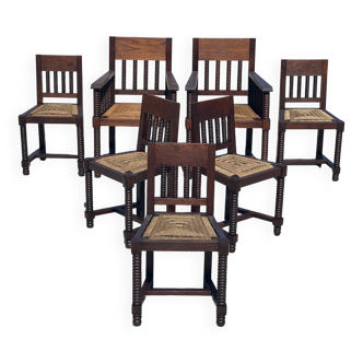 Set of 5 chairs and 2 armchairs in turned oak and rope 1940