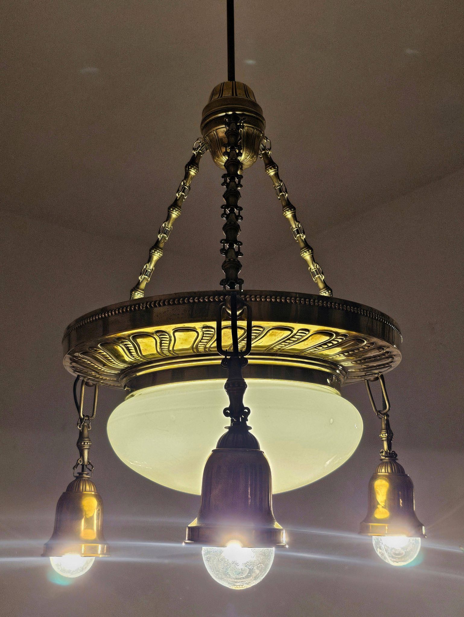 Polished Brass Art Nouveau Chandelier with Opaline Glass Dome