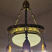 Polished Brass Art Nouveau Chandelier with Opaline Glass Dome