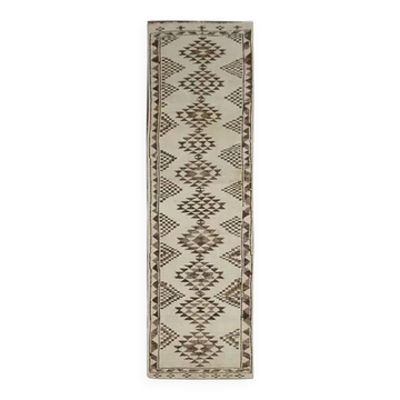 1970s Vintage Turkish Oushak Handmade Wool Cotton Beige Runner Rug 75x373