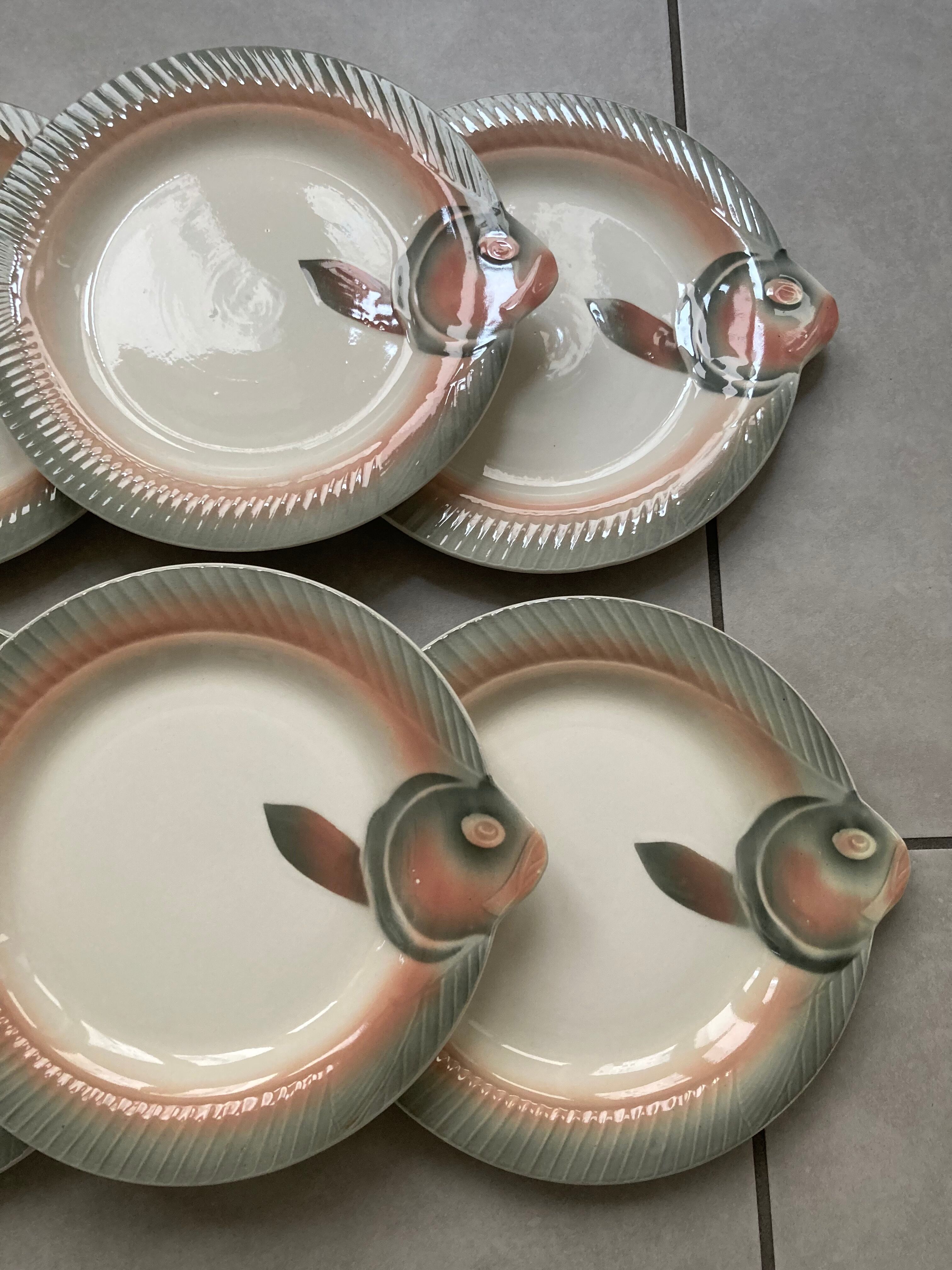 Set of 6 Digoin Sarreguemines fish plates
