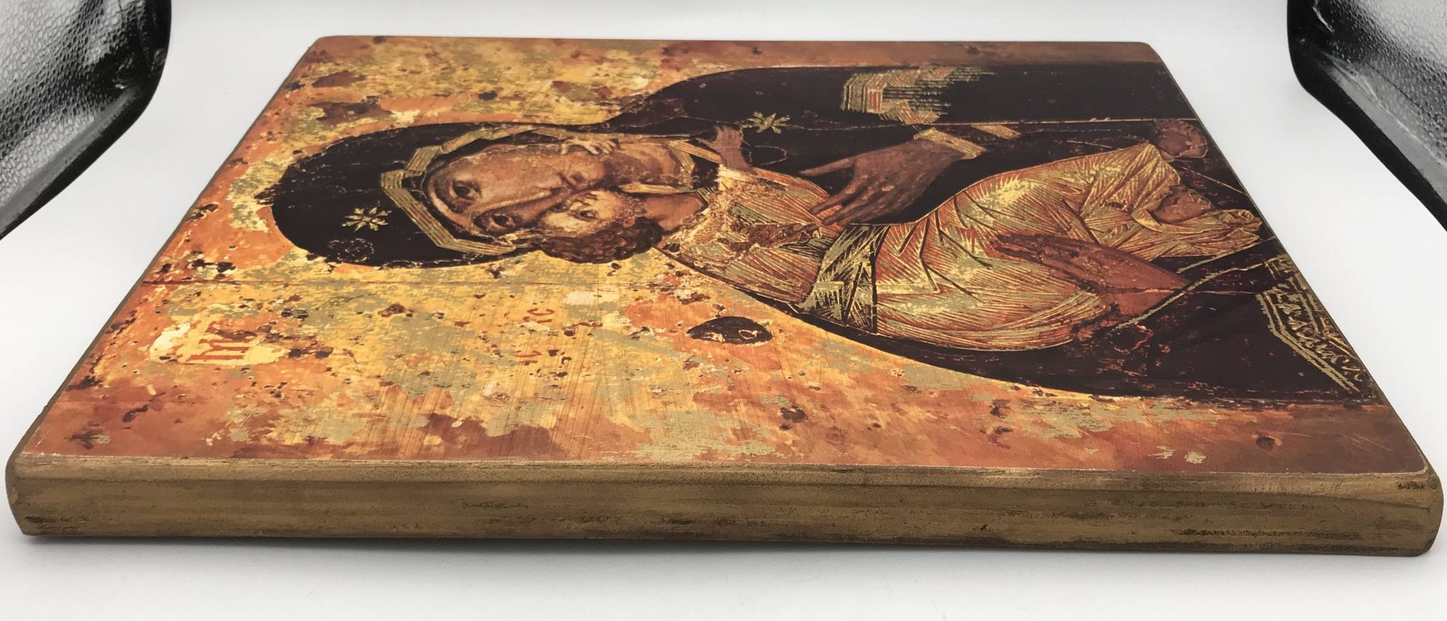 Religious ICON of the Virgin Vladimir Holy Theotokos on wooden support