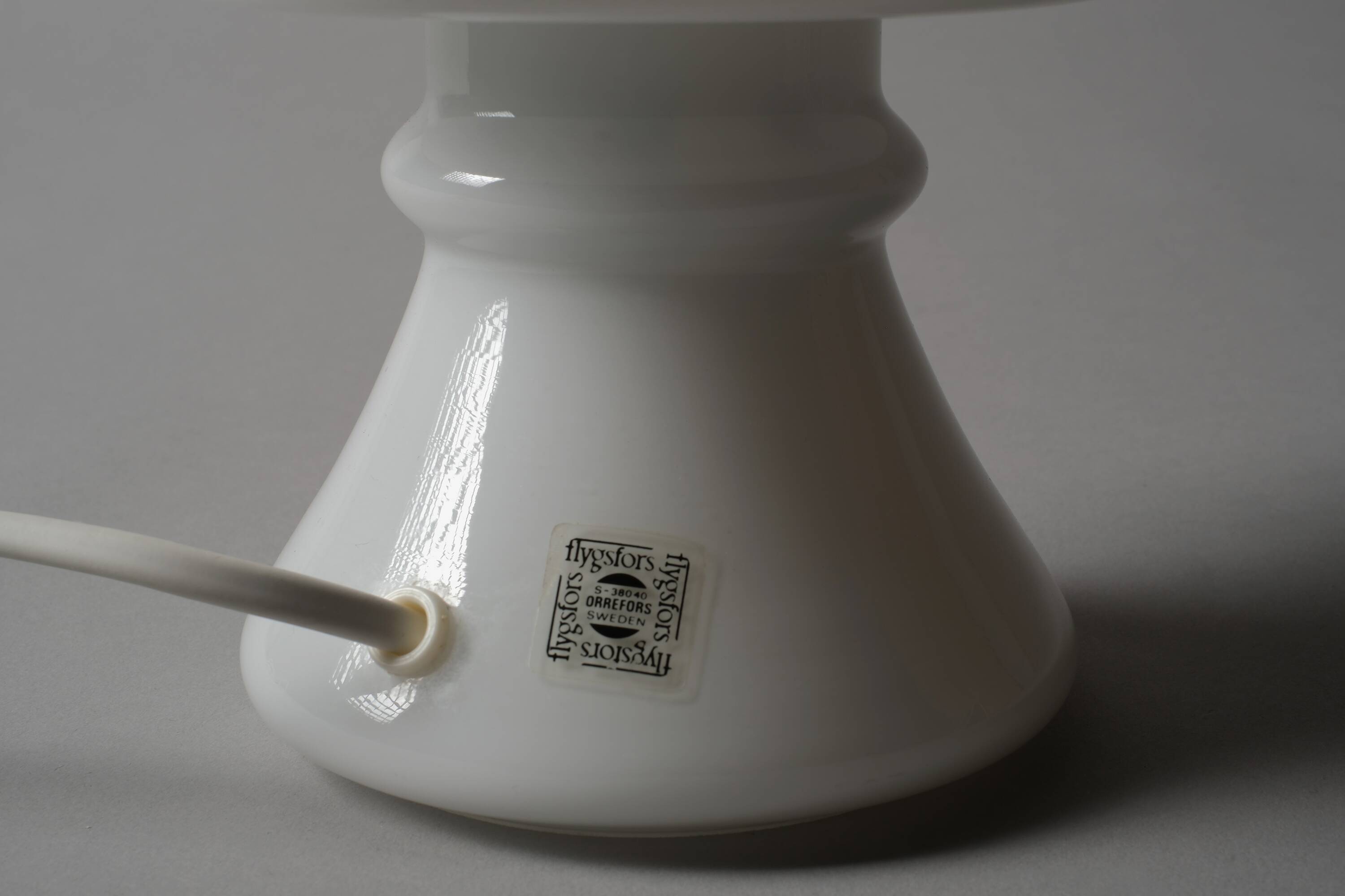 Flygsfors Orrefors White Opaline Glass Mushroom Lamp with Golden Bands, 70s