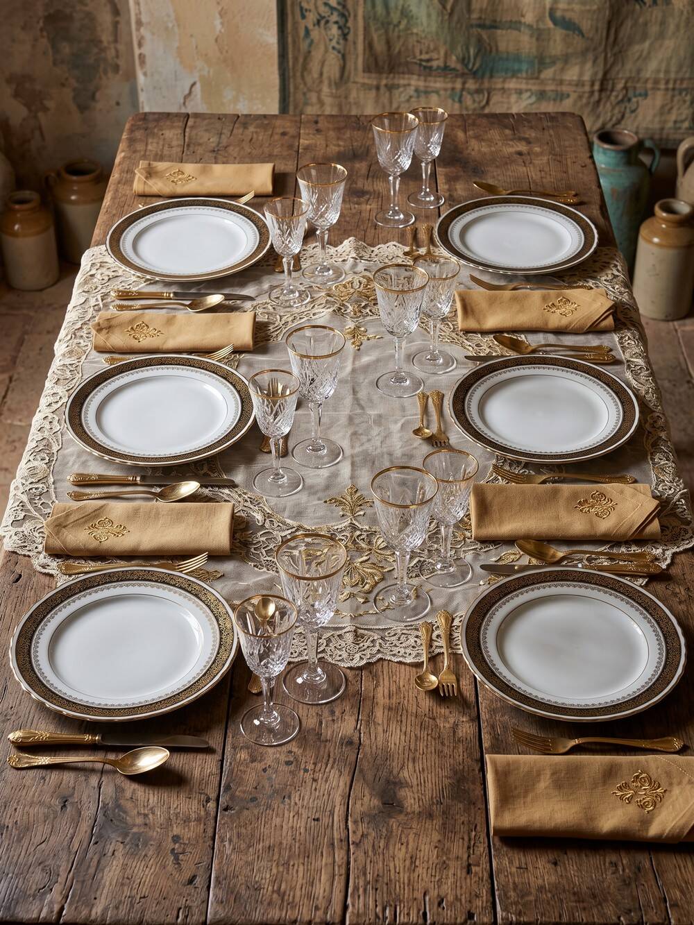 Set of 6 vintage flat plates ADP L Royal Limoges, gilded porcelain - 1