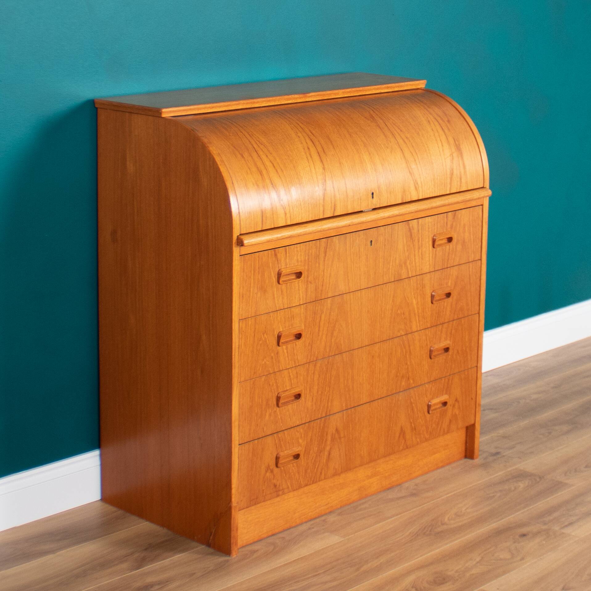 Retro Teak 1960s Danish Tambour Front Roll Top Bureau Writing Desk