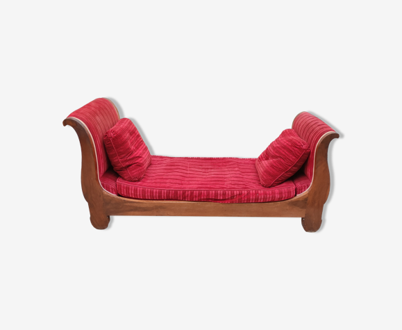 Méridienne, lit de repos ancien en noyer et velour