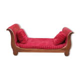 Méridienne, lit de repos ancien en noyer et velour