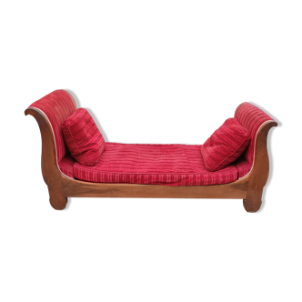 Méridienne, lit de repos ancien en noyer et velour