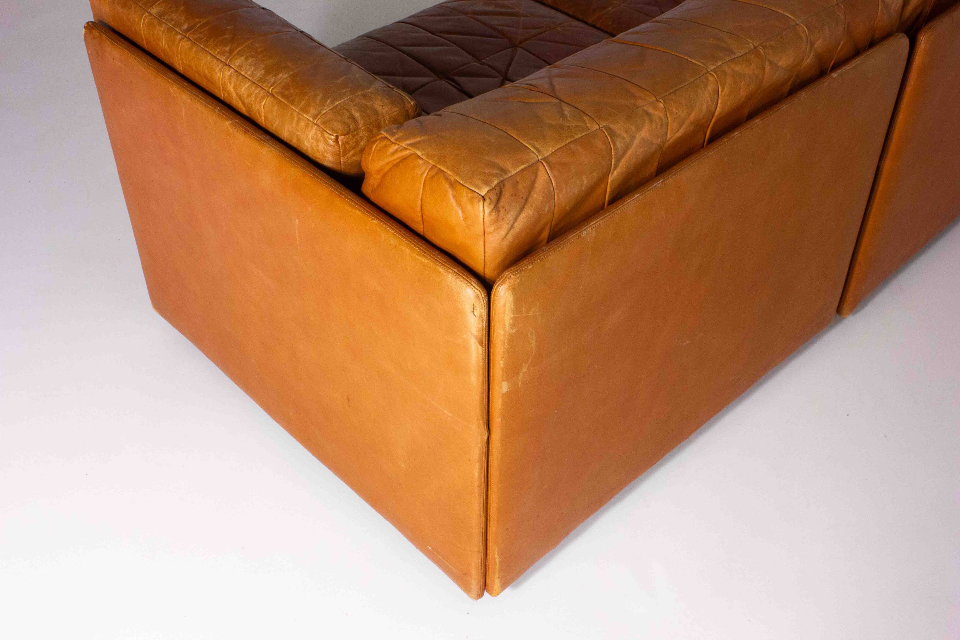 Vintage patchwork leather sofa in caramel leather, Germany 1960s