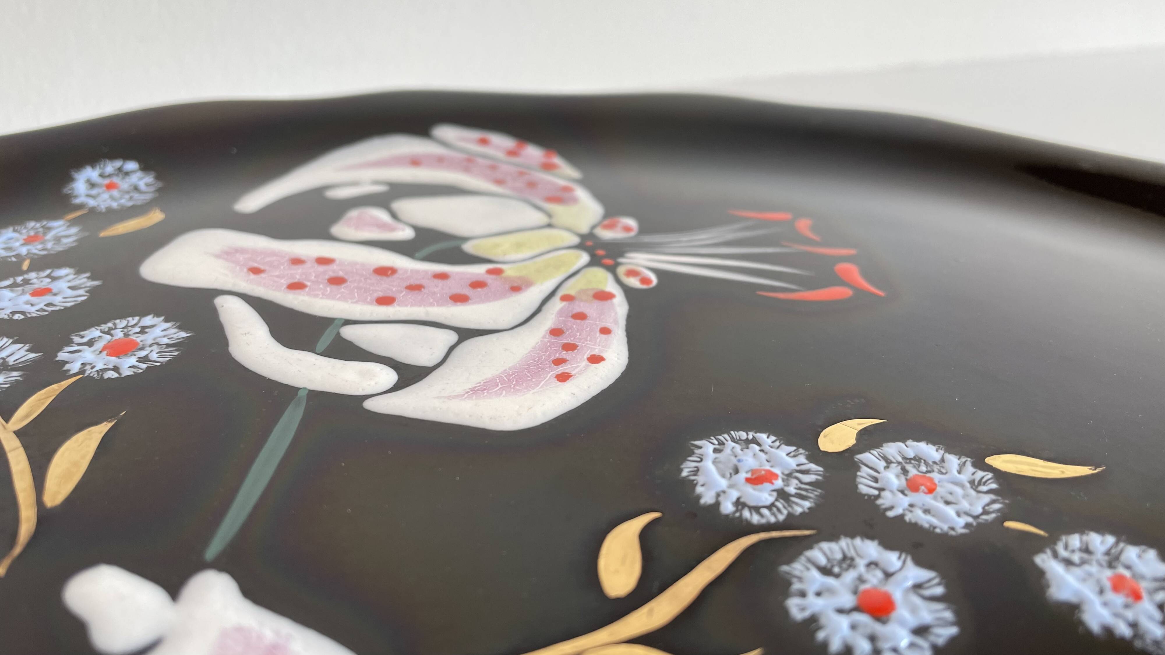 LONGWY earthenware dish with lilies signed L. VALENTI