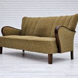Années 1950-60, canapé danois 3 places, état d'origine, coton/laine, bois de hêtre.