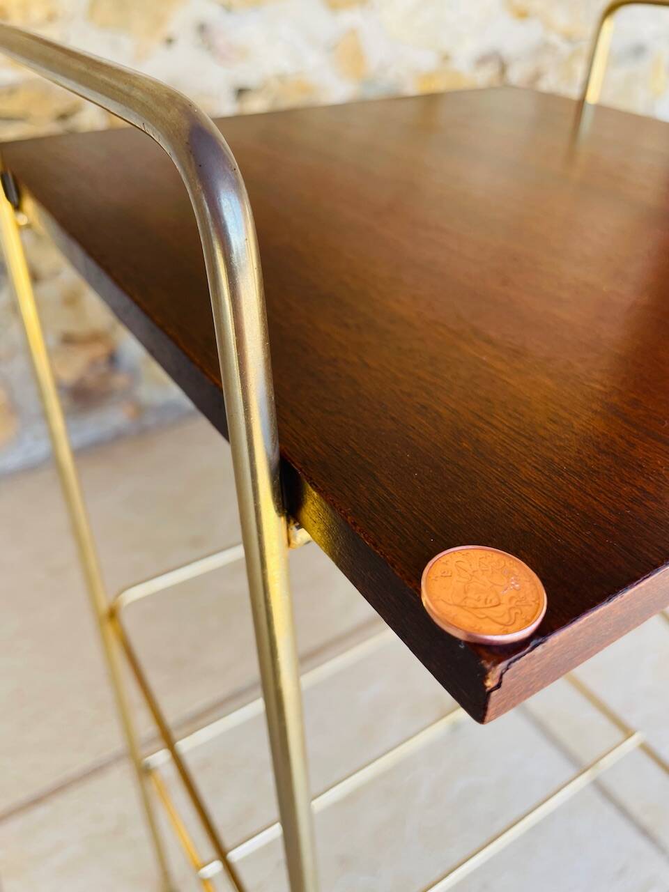 Vintage side table, 2 wooden and brass shelves, circa 1960s