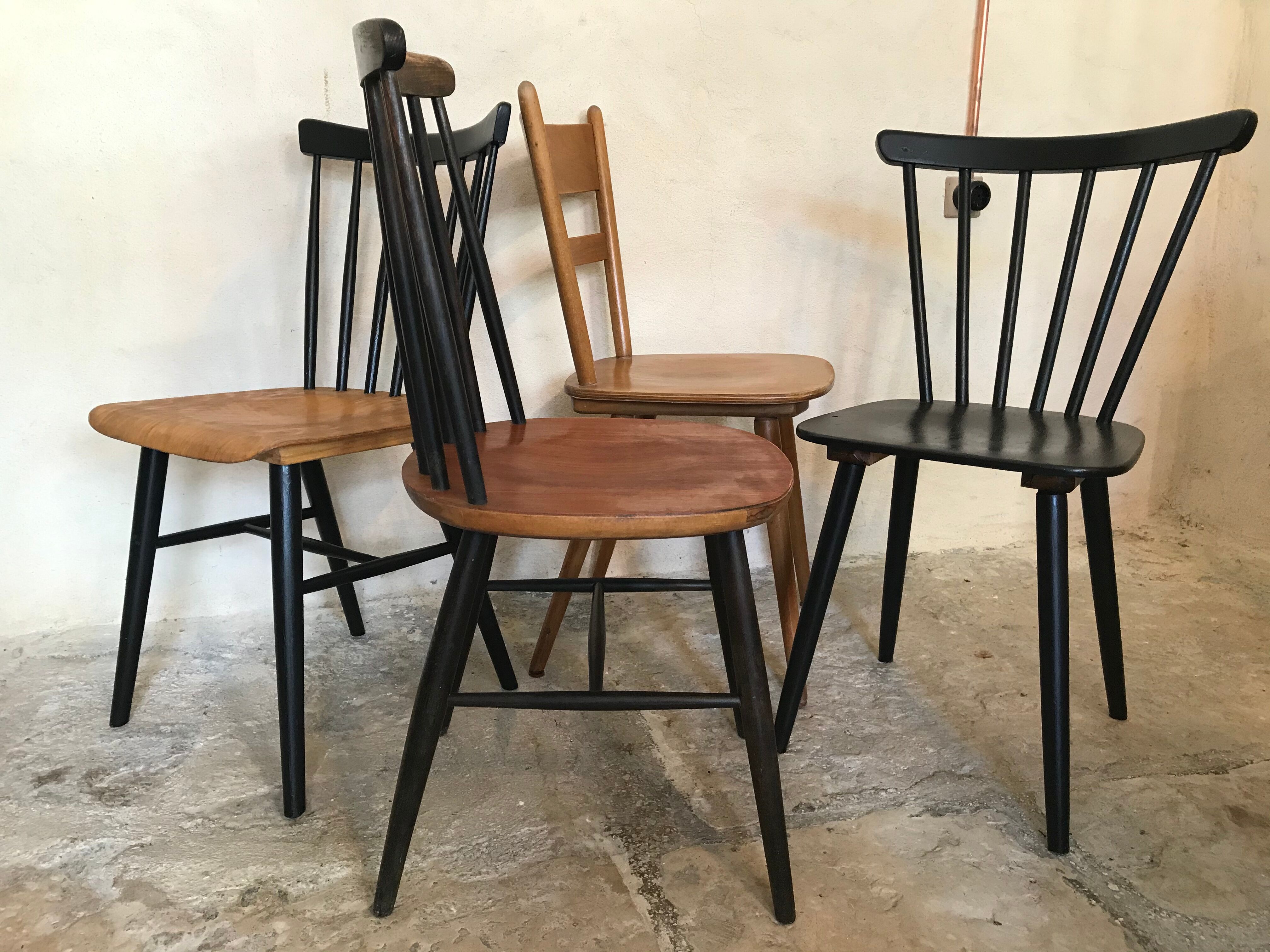 Set of 4 mismatched vintage chairs compass feet