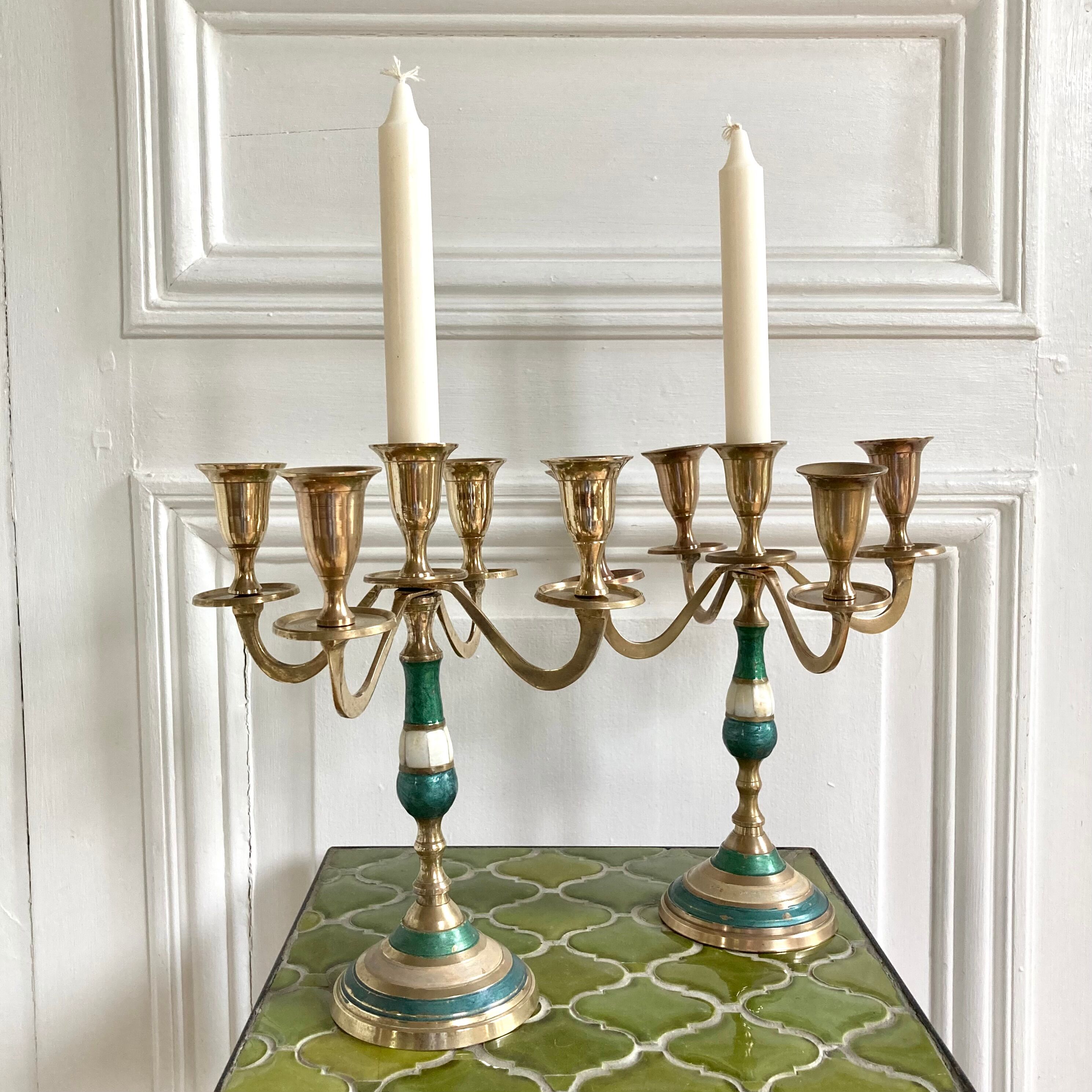 Pair of candlesticks brass and mother-of-pearl candlesticks