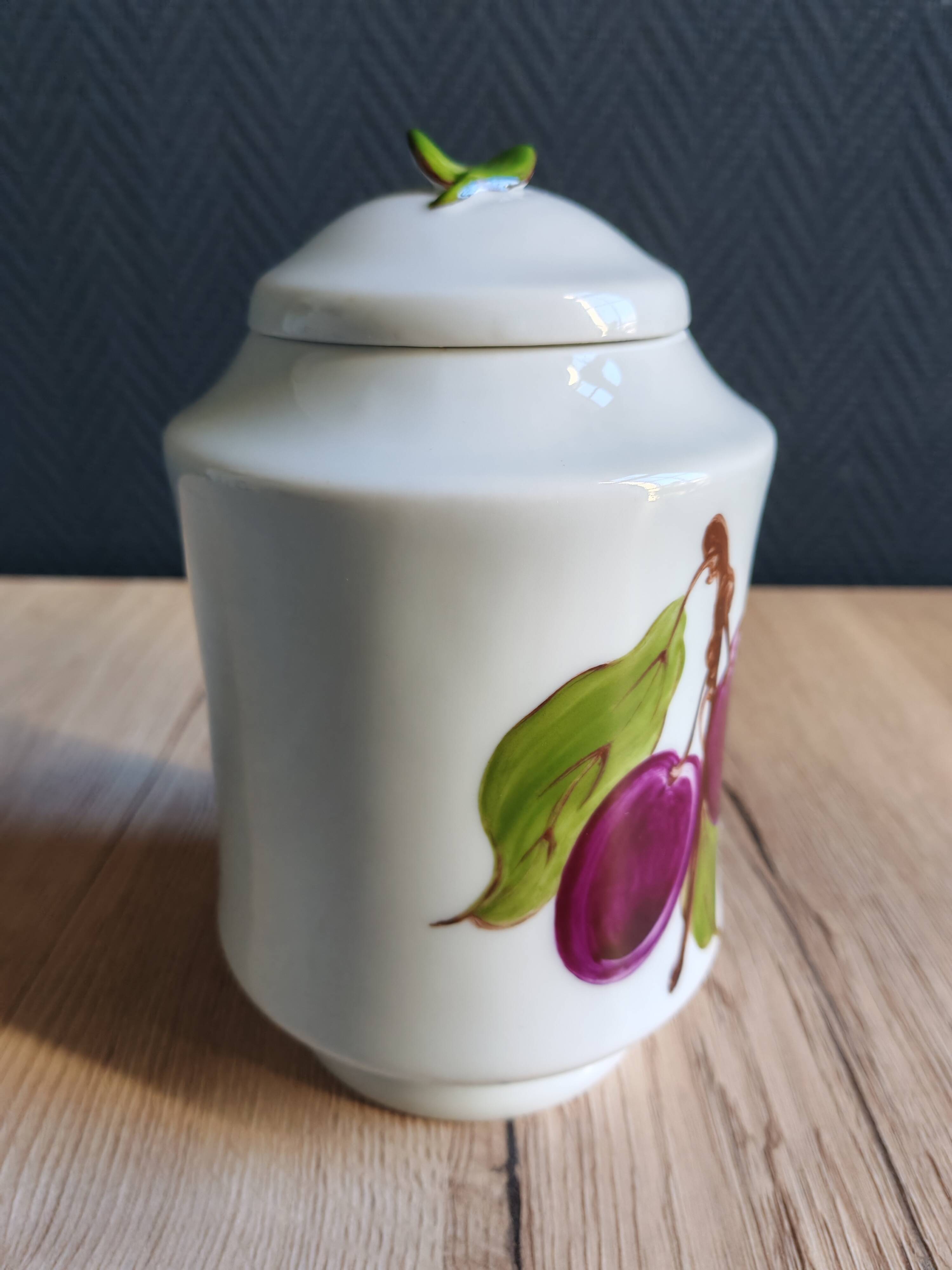 Porcelain jam pot with hand-painted plum design, signed sweet jar.