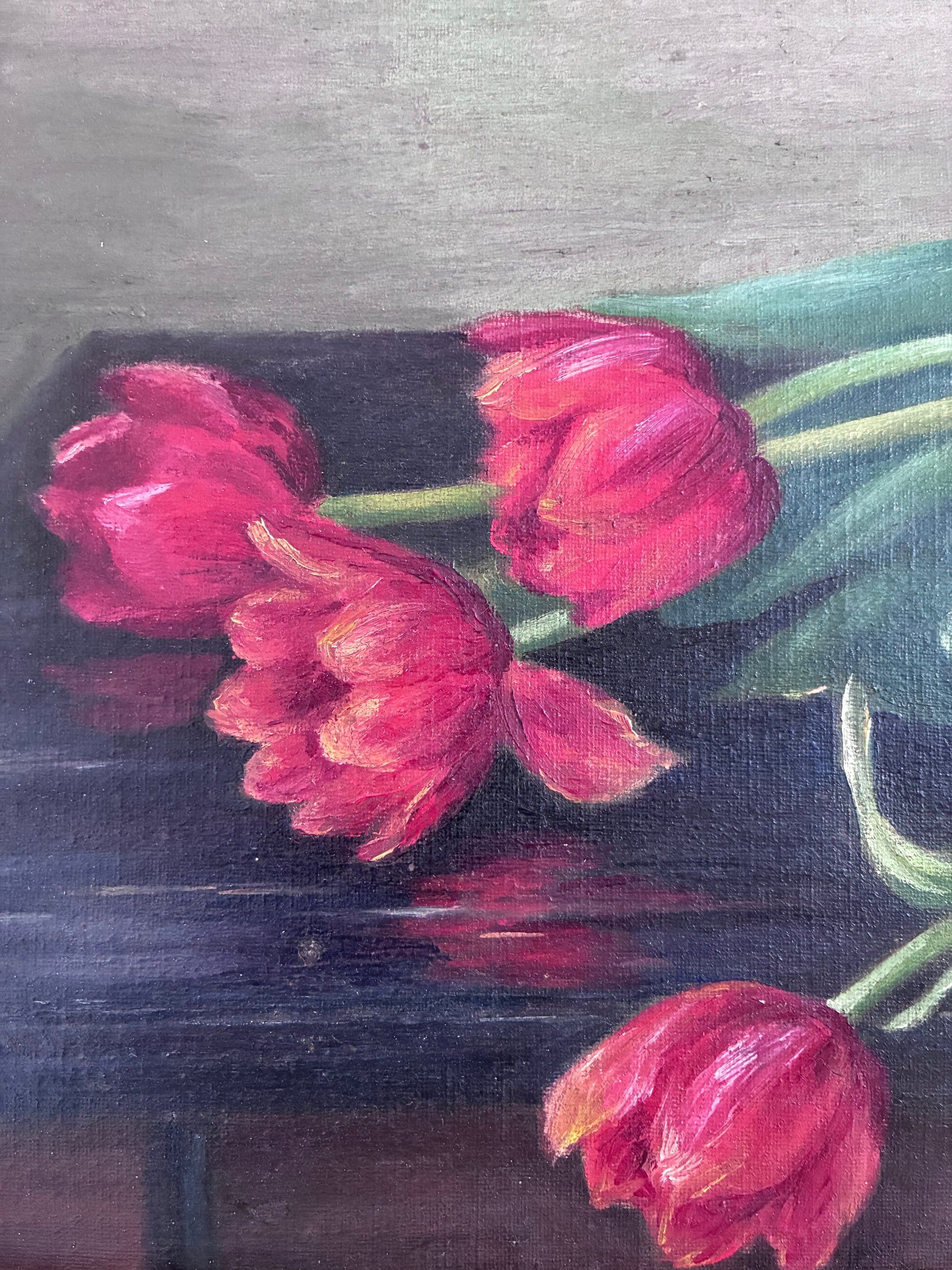 Peinture à l'huile, nature morte de tulipes vintage