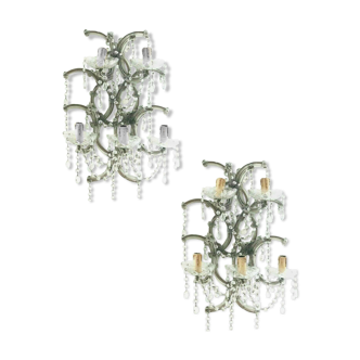 Pair of appliques Marie Thérèse Brass frame and glass and tassels 20th century