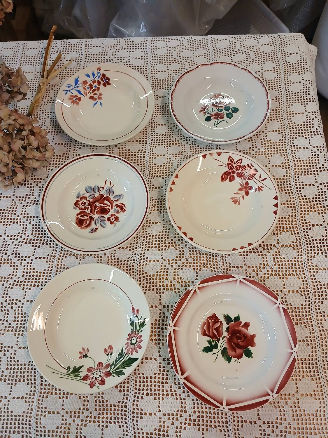 6 mismatched antique soup plates