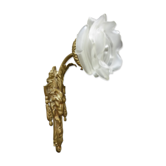Applique ancienne en bronze doré à tête de bélier et feuille d'acanthe+tulipe fleur