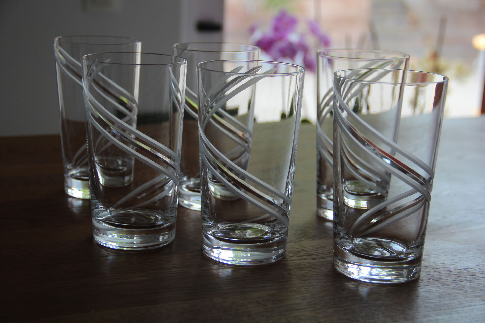 6 large engraved crystal glasses signed