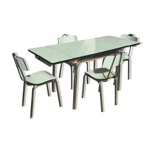 Ensemble table et 4 chaises formica vert d'eau 1960 | Selency