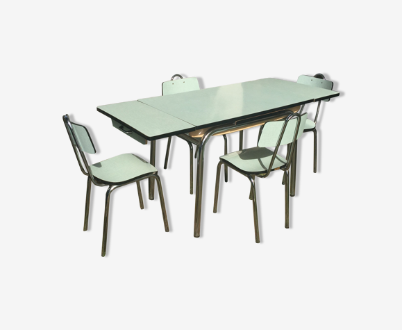 Table and 4 green water formica chairs 60's | Selency