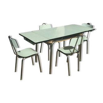 Table and 4 green water formica chairs 60's
